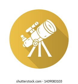 Telescope flat design long shadow glyph icon. Optical instrument for star observation. Moon, planets exploration. Spyglass on tripod. Astronomy, astrophysics, astrology. Vector silhouette illustration