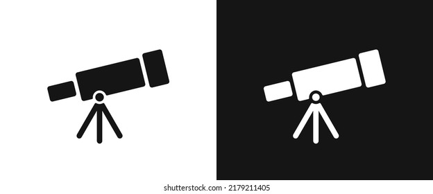 Icono plano del telescopio para web. Un simple telescopio firma la silueta del icono web con color invertido. Telescopio en un diseño vectorial de icono sólido trípode negro. Recorte de caricatura con símbolo de telescopio. Suministros escolares