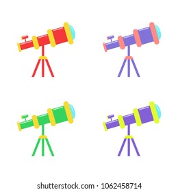 Telescope flat icons in different colors isolated on white background. Education and astronomy element. Can be used as logo, infographic element, for web and mobile applications. Vector illustration.