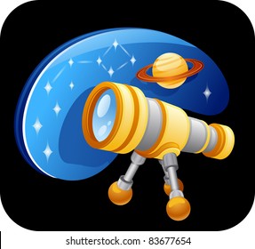 Telescope in front of star sky and Jupiter. Isolated on black background.