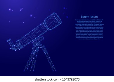 Telescope from futuristic polygonal blue lines and glowing stars for banner, poster, greeting card. Vector illustration.