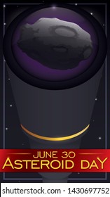 Telescope gazing the starry night sky and an asteroid with craters and greeting ribbon during Asteroid Day in June 30.