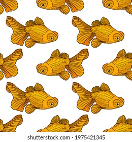 Telescope, gold fish seamless pattern. Hand drawn vector fish. Sea, river or ocean fish. Design for fishing catch or fisher sport club. Fish market, menu seafood. Design template, banner