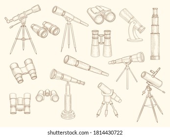 Telescopio dibujado a mano. Aparatos retro para exploradores binoculares ópticos militares imágenes de doodles vectoriales