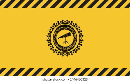 telescope icon black grunge emblem, yellow warning sign. Vector Illustration. Detailed.
