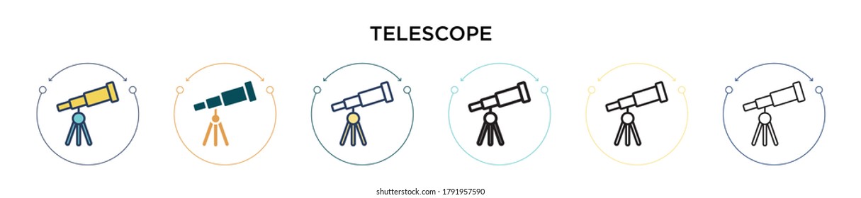 Telescope icon in filled, thin line, outline and stroke style. Vector illustration of two colored and black telescope vector icons designs can be used for mobile, ui, web