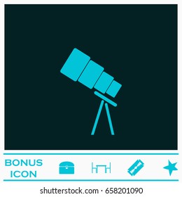 Telescope icon flat. Blue pictogram on dark background. Vector illustration symbol and bonus icons