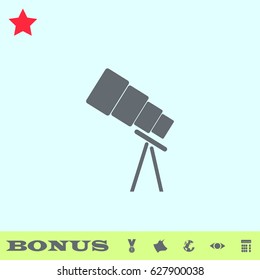Telescope icon flat. Grey pictogram on blue background. Vector illustration symbol and bonus buttons medal, cow, earth, eye, calculator