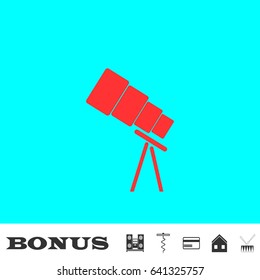 Telescope icon flat. Red pictogram on blue background. Vector illustration symbol and bonus buttons Music center, corkscrew, credit card, house, drum