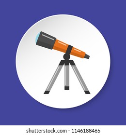Telescope icon in flat style on round button. Astronomy device symbol isolated on white background