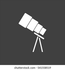Telescope icon flat. Vector white illustration isolated on black background. Flat symbol