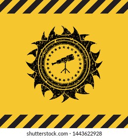 telescope icon grunge black emblem with yellow background, warning sign. Vector Illustration. Detailed.