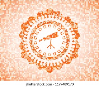 telescope icon inside abstract emblem, orange mosaic background