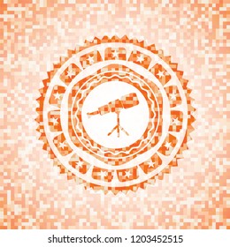 telescope icon inside abstract emblem, orange mosaic background