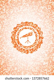 telescope icon inside abstract emblem, orange mosaic background