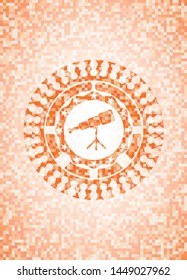 telescope icon inside abstract emblem, orange mosaic background