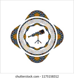 telescope icon inside arabesque badge. arabic decoration.