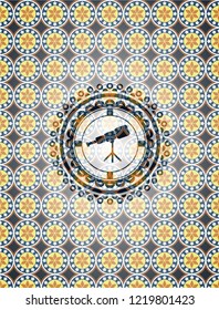 telescope icon inside arabesque badge background. arabic decoration.