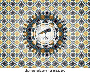 telescope icon inside arabesque badge background. arabic decoration.