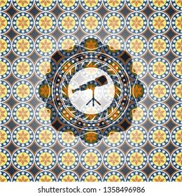 telescope icon inside arabesque emblem background. arabic decoration.
