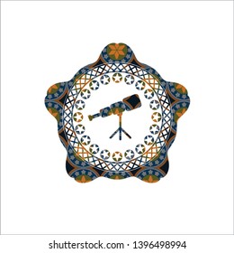 telescope icon inside arabesque emblem background. arabic decoration.