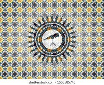 telescope icon inside arabesque emblem. arabic decoration.