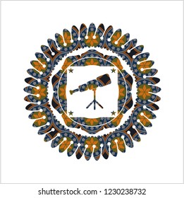 telescope icon inside arabic badge. Arabesque decoration.