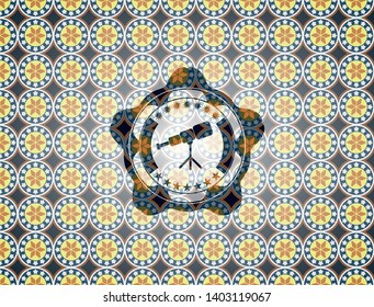 telescope icon inside arabic badge. Arabesque decoration.