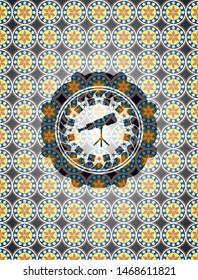 telescope icon inside arabic badge. Arabesque decoration.