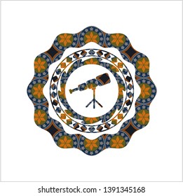 telescope icon inside arabic emblem. Arabesque decoration.