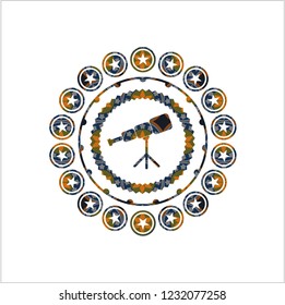 telescope icon inside arabic style emblem. Arabesque decoration.