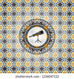 telescope icon inside arabic style badge. Arabesque decoration.