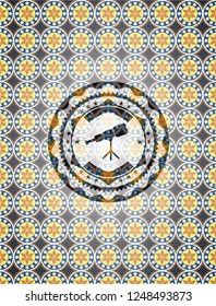 telescope icon inside arabic style emblem. Arabesque decoration.