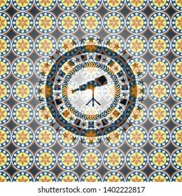 telescope icon inside arabic style badge. Arabesque decoration.