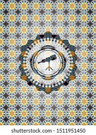 telescope icon inside arabic style emblem. Arabesque decoration.