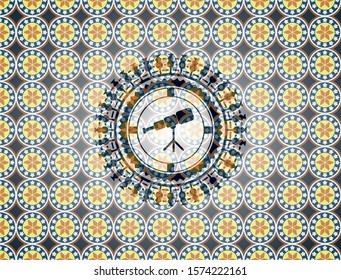telescope icon inside arabic style badge. Arabesque decoration.