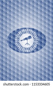telescope icon inside blue badge with geometric pattern background.