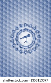 telescope icon inside blue badge with geometric pattern background.