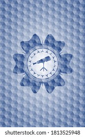 telescope icon inside blue badge with geometric pattern background. 