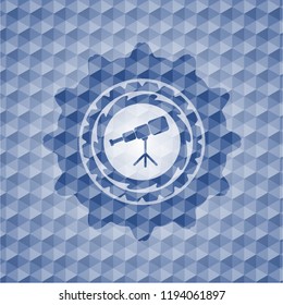 telescope icon inside blue emblem with geometric background.