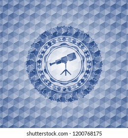 telescope icon inside blue emblem with geometric pattern.