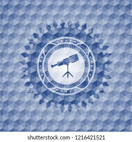 telescope icon inside blue emblem with geometric pattern background.