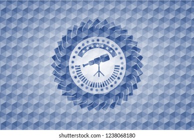 telescope icon inside blue emblem or badge with abstract geometric pattern background.