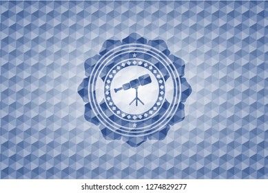 telescope icon inside blue emblem with geometric pattern.