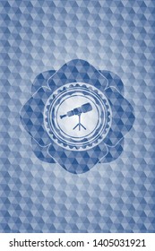 telescope icon inside blue emblem or badge with abstract geometric polygonal pattern background.