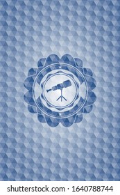 telescope icon inside blue emblem or badge with geometric pattern background.