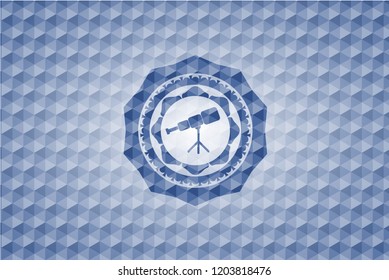 telescope icon inside blue hexagon emblem.