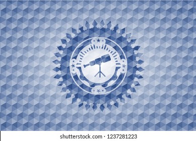 telescope icon inside blue hexagon emblem.