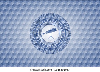 telescope icon inside blue hexagon badge.