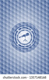 telescope icon inside blue hexagon badge.